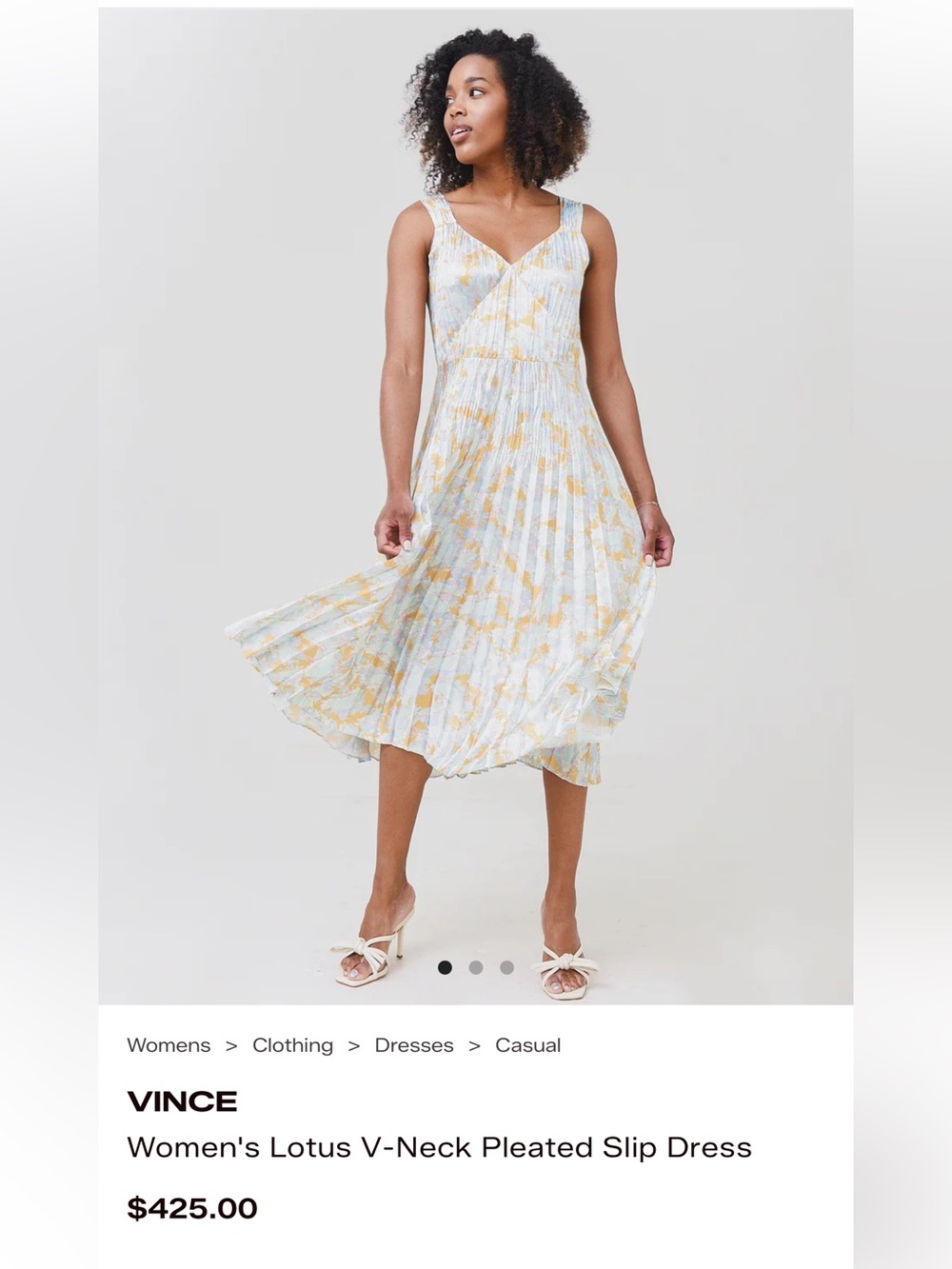 Vince Floral Pleated V‑Neck Midi Dress in Light Blue & Yellow